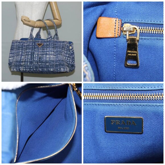 PRADA Canapa GM Hand Bag Canvas Blue Gold - Picture 15 of 15